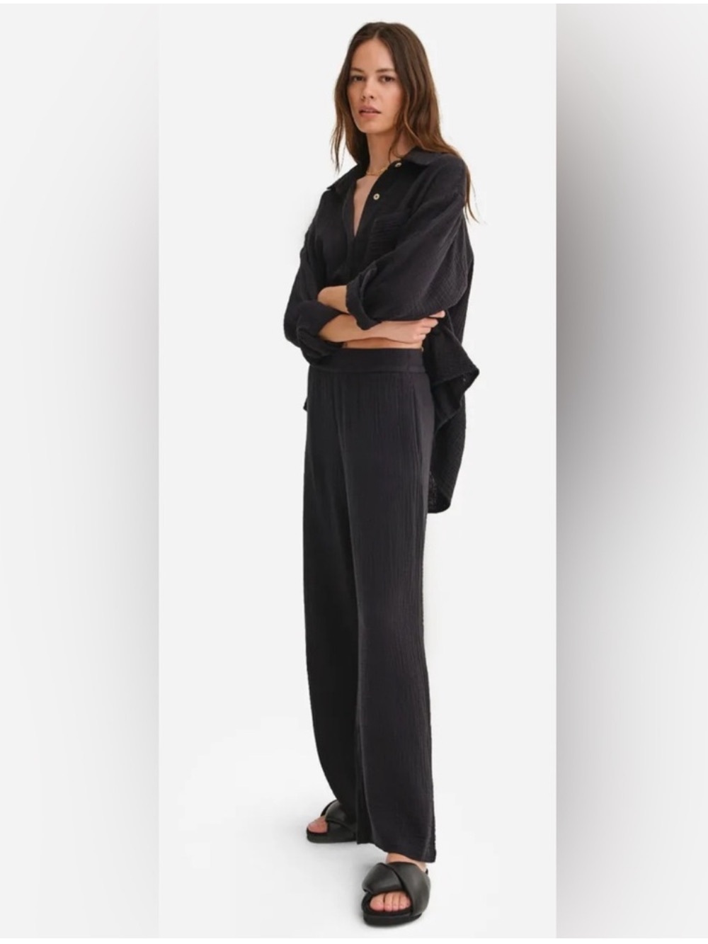 NEW MATE The Label S 100% Organic Cotton Gauze Black Wide-Leg Pants Pockets